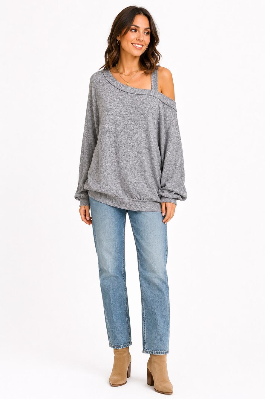 Free People We The Free Gray Marled Off Shoulder Oversized Sweater Medium